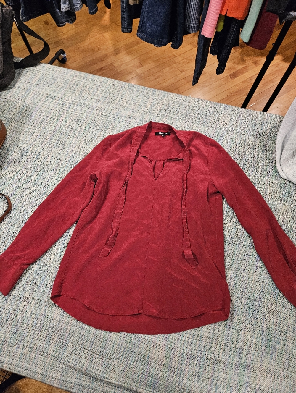 Madewell Red 100% Silk Tie-Neck Long Sleeve Blouse